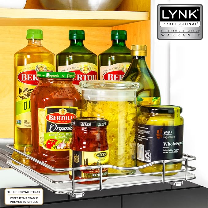 LYNK PROFESSIONAL® Pull Out Spice Rack Organizer for Inside Kitchen Cabinets - 10-3/8 inch Wide - Slide Out Drawer – Chrome Sliding Spice Organization for cabinet - Spice Racks - 1 Tier