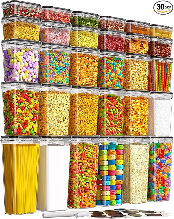 30 PCS Airtight Food Storage Containers with Lids, Kitchen Pantry Organization and Storage, BPA-Free Plastic Scale Food Canisters for Cereal, Flour, Sugar, Dry Food, Include Labels & Marker