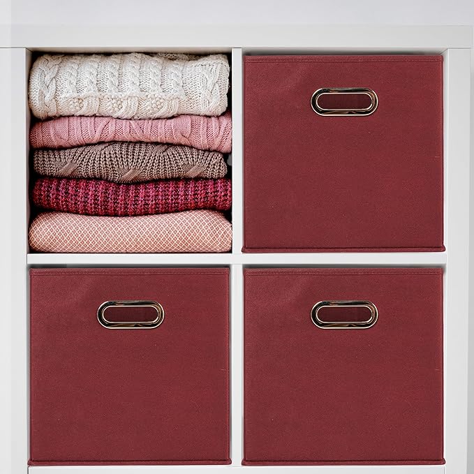 Household Essentials Foldable Fabric Storage Cubes 36-Pack – 11x11x11 Stackable Non-Woven Bins with Chipboard Sides & Grommet Handles – Closet, Shelf, Nursery, or Office Organizer – Burgundy