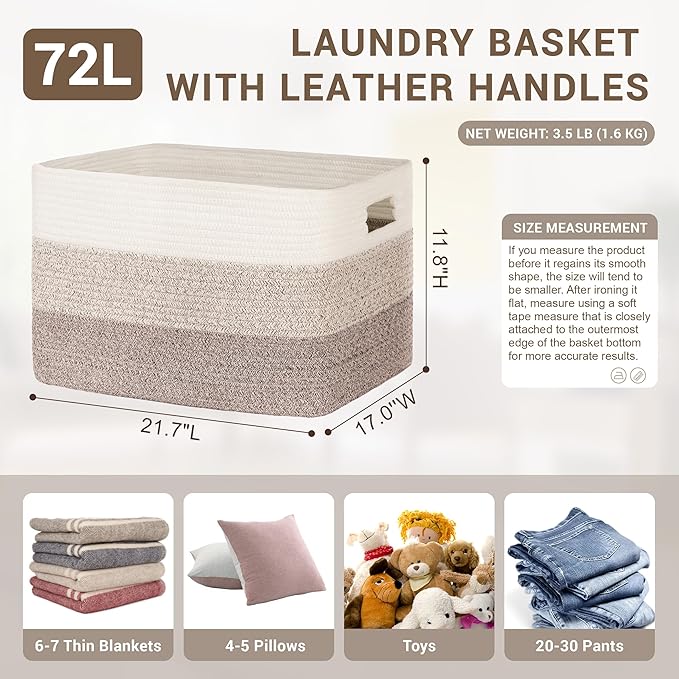 72L Large Laundry Basket with Leather Handles for Living Room Storage, Woven Rope Baskets Bin for Blanket, Kids Toy, Gifts, Wicker Hamper for Bedroom Dirty Clothes, 22"x17"x12" Gradient Brown