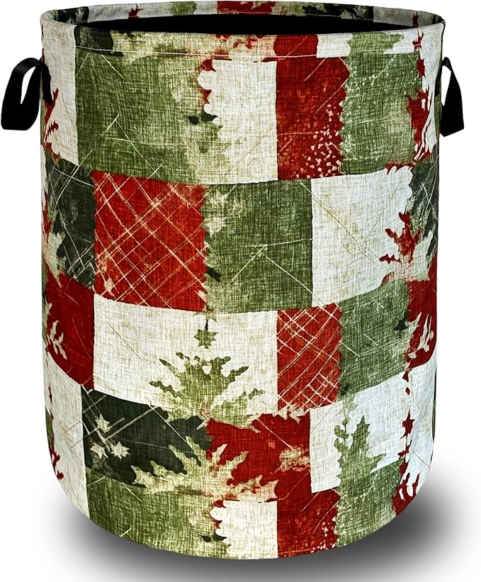 Christmas Laundry Basket Retro Red Green Christmas Tree Print Funny Laundry Hamper Foldable Oxford Cloth Tote Bag Clothe Toy Storage Bucket 18.9"x16.5"For Bathroom/Laundry Storage/Bedroom