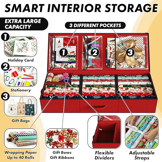 Simple Houseware 41.5" Wrapping Paper Storage Organizer - Fits 40 Rolls with Adjustable Straps, Interior Divider for Ribbons & Bows, 3 Clear Pockets for Gift Bags & Tools, 41.5''L x 16''W, Red