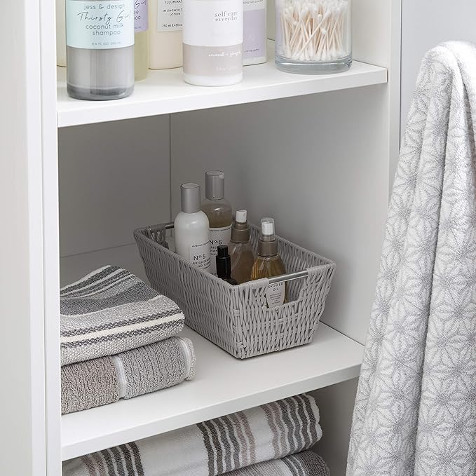 Simplify 11"x6.5"x4.5" Small Shelf Storage Woven Basket with Handles, Nursery, Playroom, Toys, Bedroom, Closet, Clothes, Office, Decorative Rattan Totes, Grey