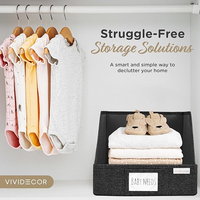 VIVIDECOR Trapezoid Closet Bins for Shelves – 12x12x10 Fabric Storage Baskets, Collapsible Organizer Boxes for Bedroom, Jeans, Sweaters– Black, 3 Pack
