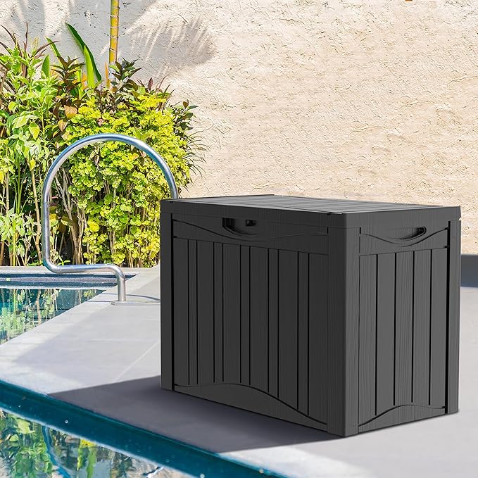 Outdoor Storage Box Waterproof, 50 Gallon Lockable Resin Deck Box Small, Patio Storage Bin for Pool Accessories Cushion Furniture, Garden Tools, UV-Resistant Outside Delivery Black