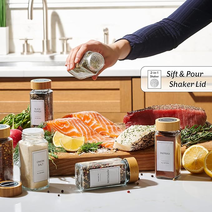 Glass Spice Jars with Label Set, Bamboo Lids & Funnel - Kitchen Airtight Storage Jars with Lids - Spices and Seasonings Sets Organizer, Spice Glass Jar with Lid Food Canister Bottle Sugar Shaker