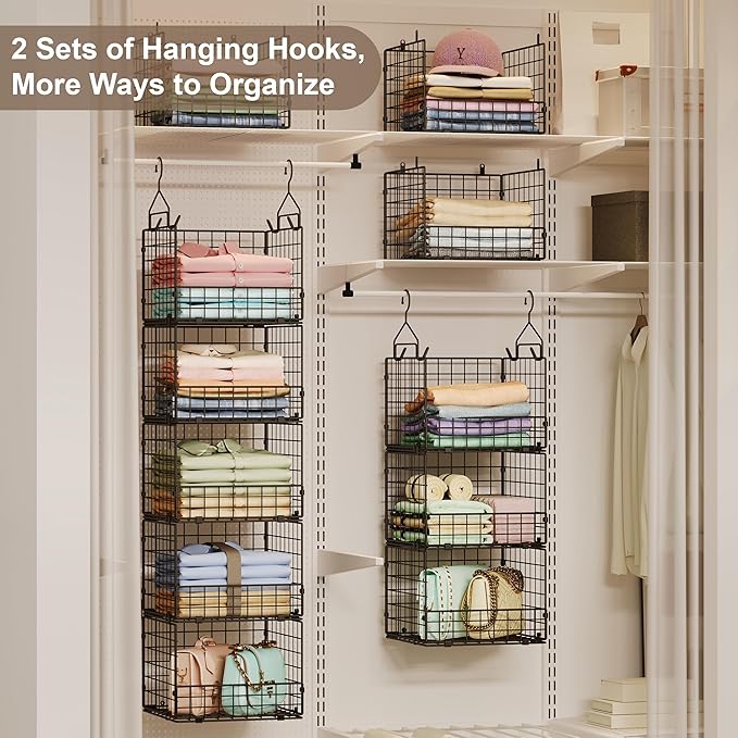 Sonyabecca 5-Tier Hanging Closet Organizer – Black Closet Storage Shelves with Wire Baskets for Clothes, Handbags, Sweaters & Accessories, Includes 2 Hanging Hooks & 5 S-Hooks