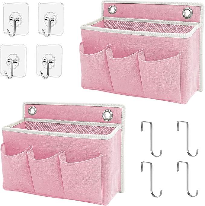 Someteth 2-Pack Wall Hanging Organizer Bag/Hanging Baskets with Large Mesh Compartment & 3 Pockets，Over the Door Hanging Organizer Space Saving Storage for Bedroom,RV Camper, Closet (Pink -2 Pack)