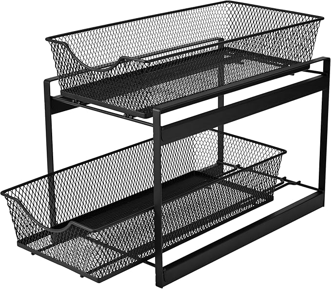 IBERG 2 Tier Under Sink Organizer, Pull Out Mesh Metal Storage Organizer for Kitchen, Bathroom & Pantry (Black)