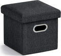 Ornavo Home 12 Inches Small Storage Ottoman with Handles, Foldable Collapsible Cube Square Linen Ottoman Foot Rest Stool Seat, for Living Room, Bedroom, Home Office, Dorm, Black