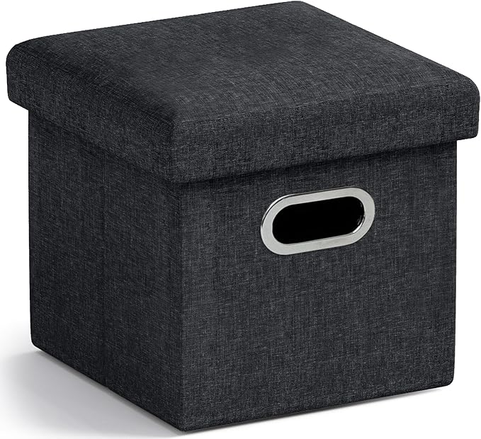 Ornavo Home 12 Inches Small Storage Ottoman with Handles, Foldable Collapsible Cube Square Linen Ottoman Foot Rest Stool Seat, for Living Room, Bedroom, Home Office, Dorm, Black