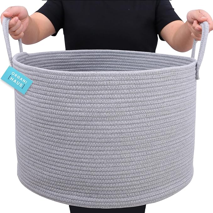 OrganiHaus Large Woven Storage Basket for Blankets and Toys 20" x 13" Inch, Rope Laundry Basket with Handles, Cushions & Pillows Storage Bin, Nursery Hamper, Soft Round Dog Toy Bin - Gray