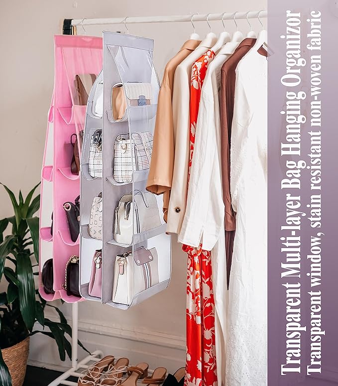 AARAINBOW 2 Packs Hanging Handbag Purse Organizer, Hanging Hand Bag Organizer Wardrobe Closet Purse Holder, 8 Pockets, 43.3L x 14.1W (B Gray Light Pink)