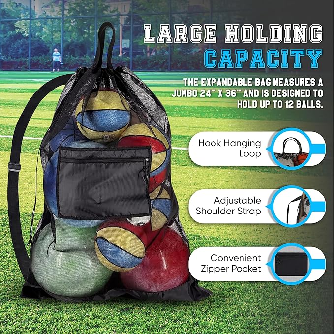Handy Laundry Mesh Ball Bag - Up to 15 Balls Large Capacity Sports Equipment Bag Carrier with Adjustable Strap and Drawstring Closure - For Soccer, Basketball, Volleyball