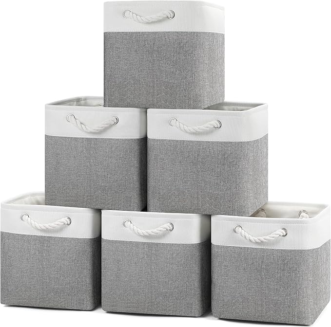 Posprica 11×11×11 Storage Cubes, Collapsible Storage Bins Organizer for Closet, Fabric Storage Box with Cotton Rope Handles, Decorative Storage Baskets for Shelves, Nursery, Toy, set of 6 - White/Gray