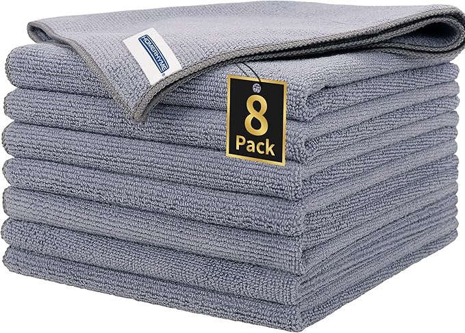 HOMERHYME Microfiber Cleaning Cloth, Premium 8 Pack Cleaning Towels, Lint-Free Streak-Free Ultra Absorbent, 300GSM Reusable Microfiber Towel for Cars Shop Garage Home Kitchen, 12.6" x 12.6" Grey