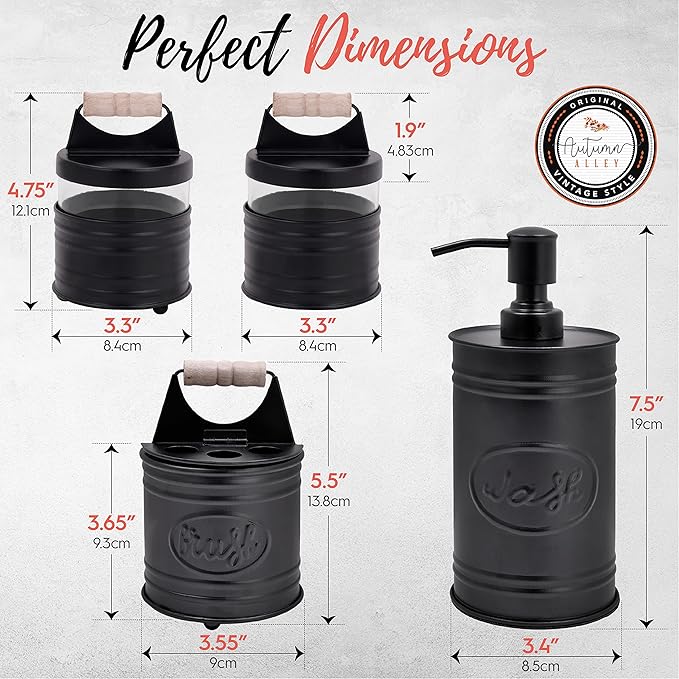 Autumn Alley Rustic Bathroom Accessories Set Black Farmhouse Soap Dispenser, Matte Black Toothbrush Holder, 2 Apothecary Jars Qtip Holder Glass - Rustic Bathroom Decor, Farmhouse Bathroom Accessories