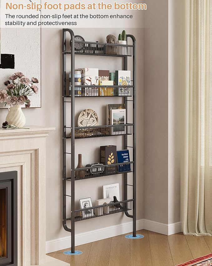 UMDONX Behind The Door Bathroom Shelf Narrow 5-Tier, Space-Saving Slim Storage Shelf Narrow Shelving Unit for Bathroom and Kitchen Black