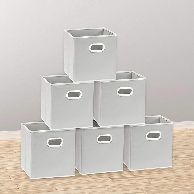 Simple Houseware Foldable Cube Storage Bins with Handles, 11-Inch, Gray, 6-Pack, Fabric Cubes Organizer for Closet or Shelves