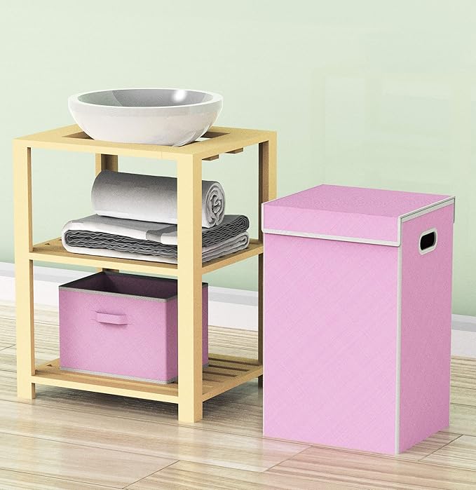 Simple Houseware Foldable Laundry Hamper Basket with Lid, Pink
