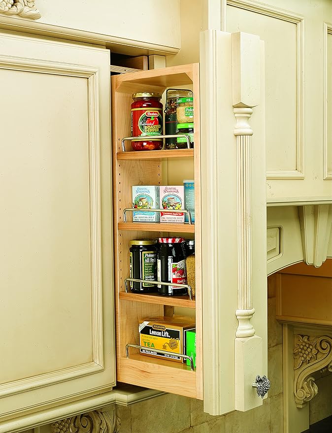 Rev-A-Shelf 6" W x 36" H Pull Out Quad Shelf Organizer for Wall & Base Kitchen Cabinets, Full Extension Filler Spice Rack, Adjustable, Wood, 432-WF36-6C