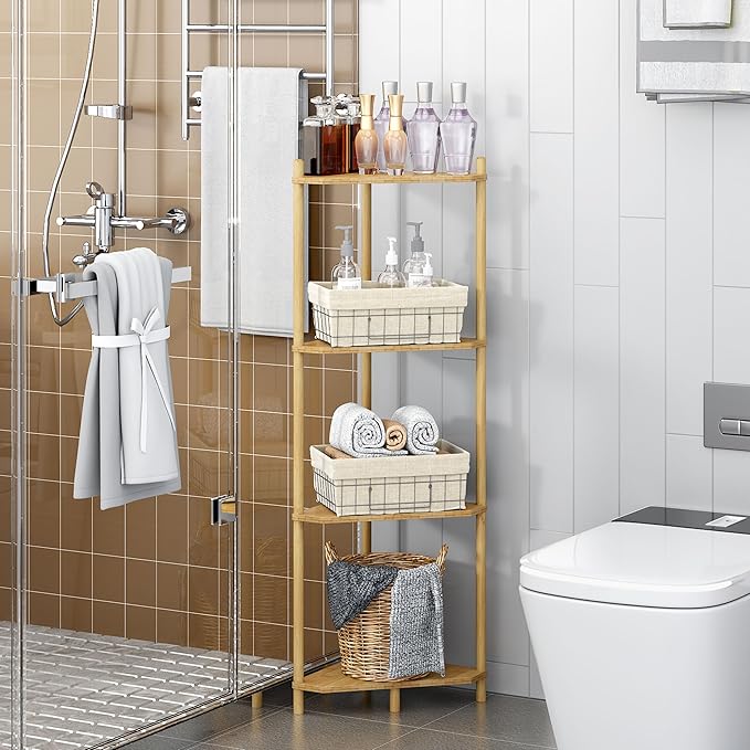 Corner Shelf Stand - 4 Tier Bamboo Small Corner Bookshelf for Office Kitchen Bedroom Plant Stand Living Room Decor Small Space (Natural, 4 Tier)