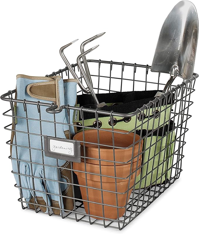 Spectrum Small Wire Basket with Label Plate Industrial Gray Square Wire Storage Basket for Kitchen Bathroom Laundry Pantry Closet Toy Under Sink Organization, Small Wire Basket Organizer for Storage
