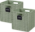 UBBCARE 2 Pack Wicker Basket, 10.5×10.5 Storage Cubes with Label, Foldable Cube Storage Bin with Handle, Square Storage Basket for Shelves, Woven Paper Rope Basket for Organizing, Green