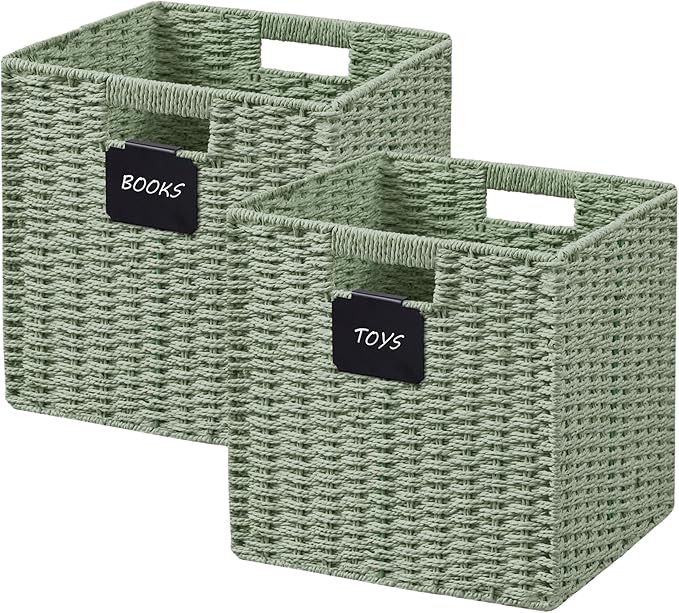 UBBCARE 2 Pack Wicker Basket, 10.5×10.5 Storage Cubes with Label, Foldable Cube Storage Bin with Handle, Square Storage Basket for Shelves, Woven Paper Rope Basket for Organizing, Green