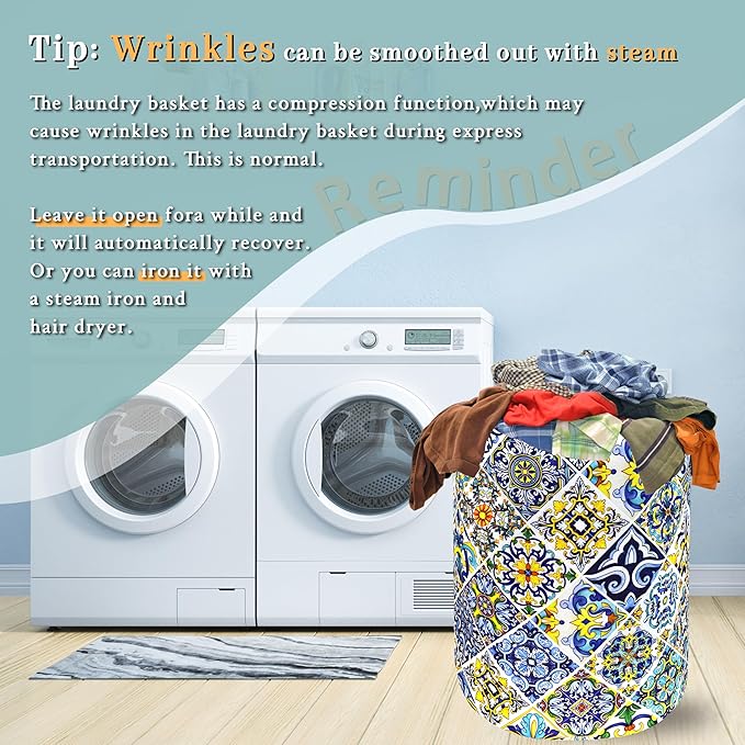 Mexican Tiles Laundry Basket Blue Green Boho Print Funny Laundry Hamper Foldable Oxford Cloth Colorful Tote Bag Clothes Toy Storage Bucket 18.9"x16.5"For Bathroom/Laundry Storage/Bedroom