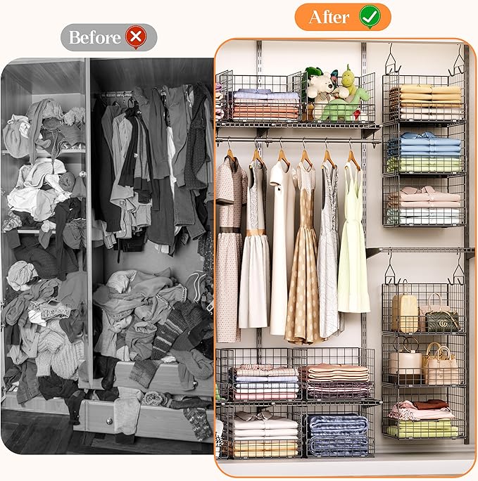 Sonyabecca 3-Tier Hanging Closet Organizer, Foldable Cabinet Wire Storage Basket Bins with 5 S Hooks, Closet Shelves & Hanging Closet Shelf for Clothing, Sweaters, Handbags, Hats