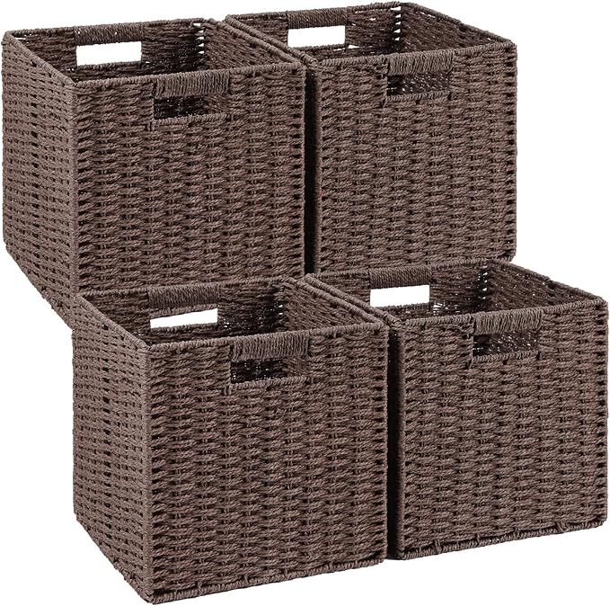 Woven Wicker Storage Baskets 4-Pack, 11x11 Handwoven Paper Rope Organizer Bins, Foldable Cube Storage Cubes with Built-in Handles for Shelves and Closet Organization(Dark Brown）