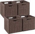 Woven Wicker Storage Baskets 4-Pack, 11x11 Handwoven Paper Rope Organizer Bins, Foldable Cube Storage Cubes with Built-in Handles for Shelves and Closet Organization(Dark Brown）