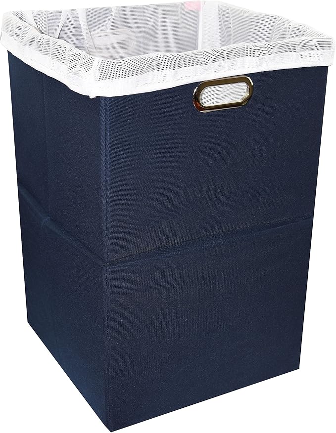 Foldable Large Laundry Hamper With Laundry Bag - Premium Durable Fabric, Plastic Board, Extra-Large Size, Space-Saving & Compact Clothes Basket With Metal Handles (Navy Blue)