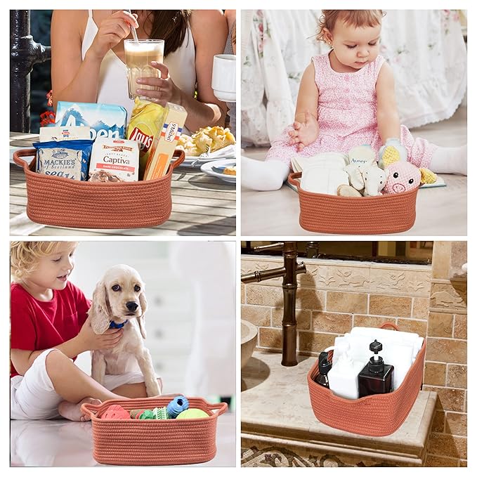 Woven Cotton Rope Storage Basket with Handles for Organizing Shelves Closet Small Cat Dog Pet Toy Baskets Box Bin Decorative Rectangle Baby Nursery Basket Gift Basket Empty (Rust)