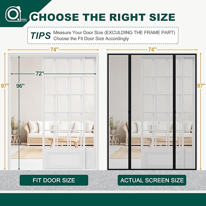 Magnetic Screen Door, Fits Door Size 72" X 96", Door Mesh with Magnetic Closure and Super Strong Magnets, Heavy Duty Double Opening for Sliding Patio and French Doors