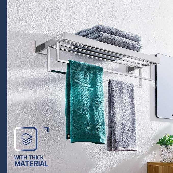 KOKOSIRI Bathroom Towel Shelf 20-Inch Chrome Towel Rack with Two Bath Towel Bars SUS304 Stainless Steel Wall Mounted, Polished Finish B6003CH-L20