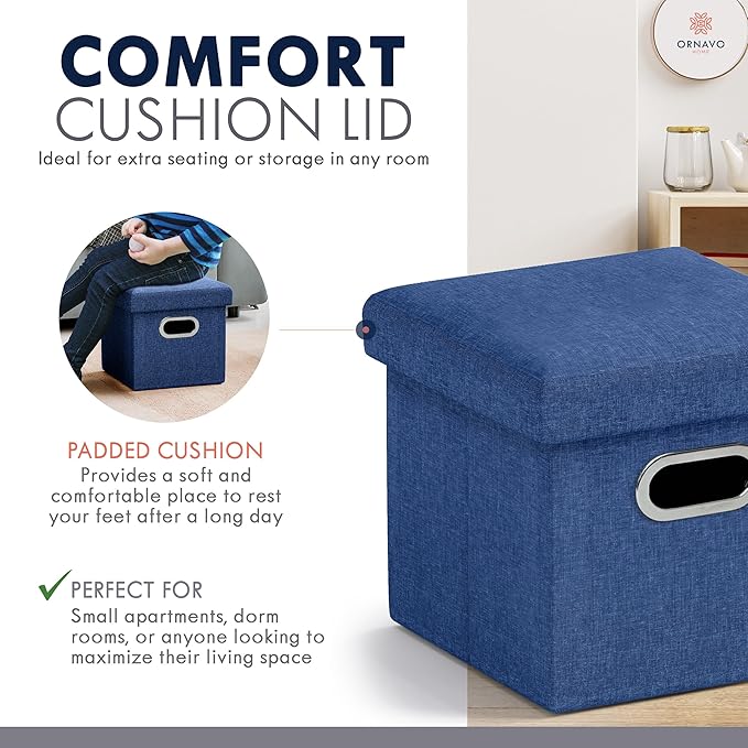 Ornavo Home 12 Inches Small Storage Ottoman with Handles, Foldable Collapsible Cube Square Linen Ottoman Foot Rest Stool Seat, for Living Room, Bedroom, Home Office, Dorm, Navy Blue