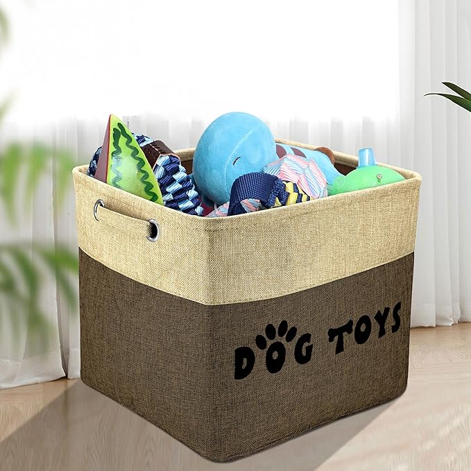 PET ARTIST Large Dog Toy Basket Bin - Rectangular Storage Box Chest Organizer for Dog Toys,Coats,Clothing,Apparel & Accessories & Blanket,Brown,15"x13"x12"
