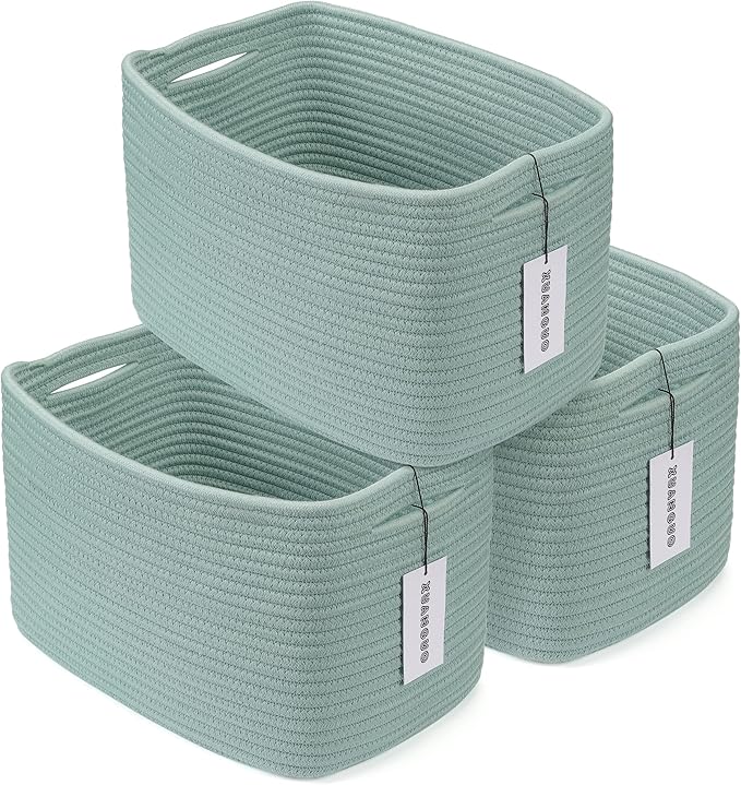 Cotton Rope storage Basket Bins Woven Basket for Organizing Shelves 15X10X9.3" Rectangle Decorative Baskets For storage Clothes Toys Books Towels Nursery basket organizer 3 pack Green
