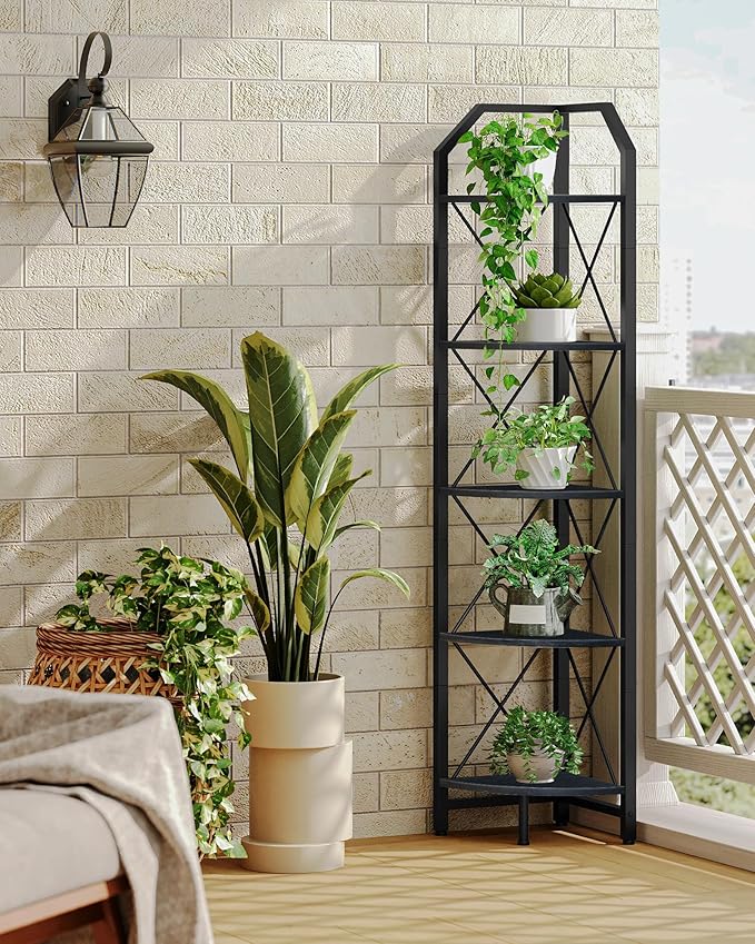 5-Tier Corner Shelf, Industrial Corner Bookshelf, 59.4" Corner Storage Stand, Plant Stand Display Shelf, Corner Bookcase for Bedroom, Living Room, Home Office, Black TCJ10BB