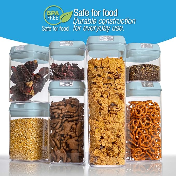 Set of 7 Airtight Food Storage Containers - Pantry Organizer Bins, BPA Free Plastic Containers plus Dry Erase Marker and Labels, Blue