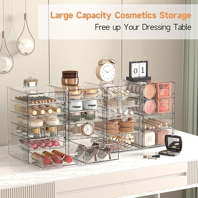 Makeup Drawer Storage Organizer with 20 Drawers, 4 Set Acrylic Office Desk Organization and Storage, Dustproof Drawer Organizer for Makeup, Office, Countertop, Jewelry, Pen, Desktop, Bathroom, Bedroom