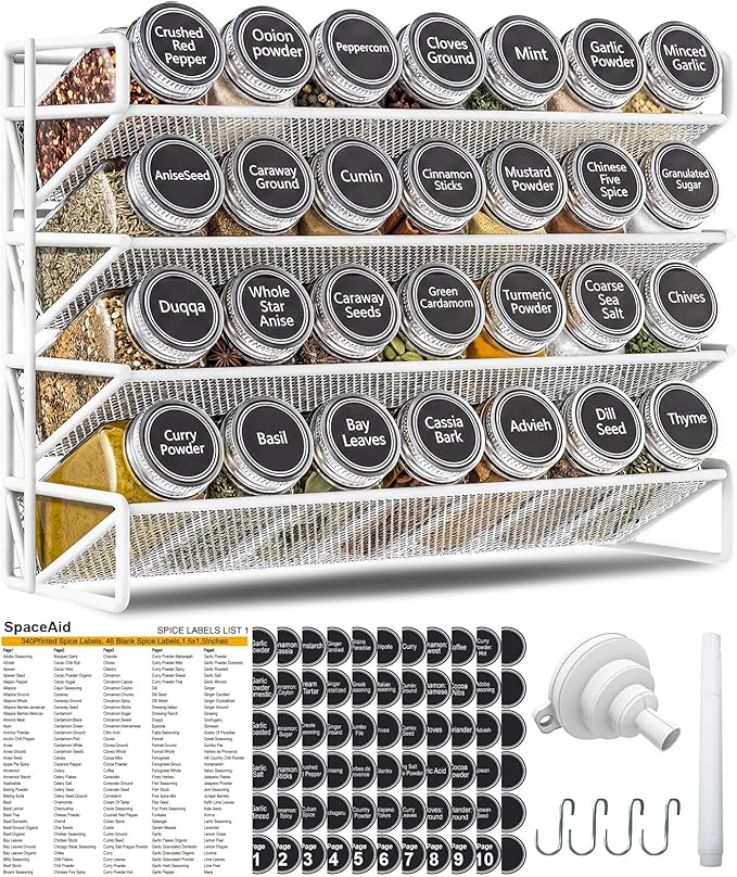 Magnetic Spice Rack Organizer for Refrigerator with 28 Spice Jars, 386 Spice Labels, 4 Hook, Chalk Marker and Funnel Set, Magnetic Shelf for Seasoning Organizer, 13.2'' W x 9.8 H, White