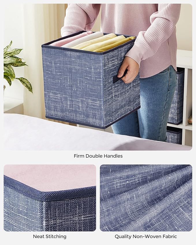 SONGMICS Storage Cubes, 11-Inch Non-Woven Fabric Bins with Double Handles, Set of 6, Closet Organizers for Shelves, Foldable, for Clothes, Misty Blue UROB026I01