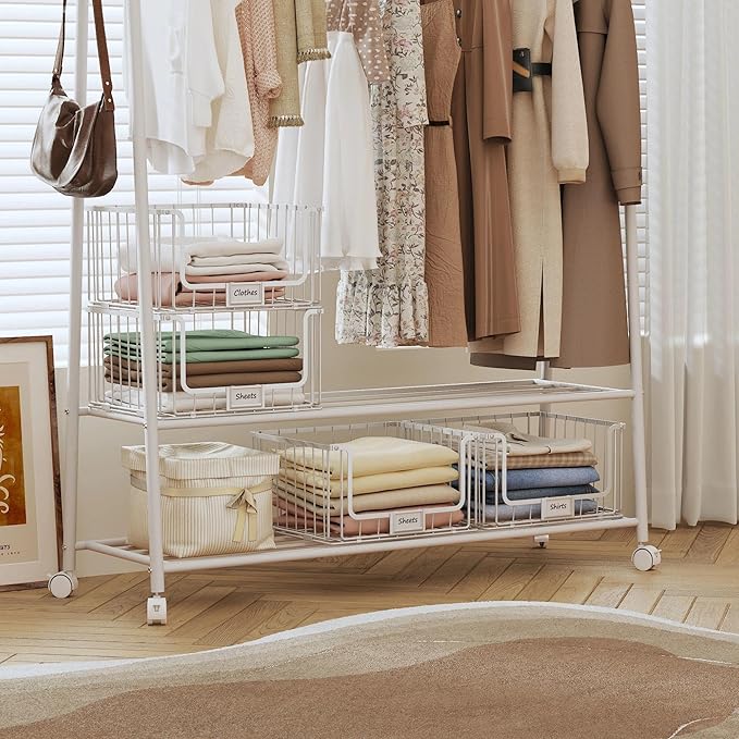 4-Tier Stackable Closet Organizers and Storage, Clothes Shelf Organizer, Foldable Wire Basket Bins, Sweater Storage for Closet and Pantry,11.8" D x 15.7" W, White