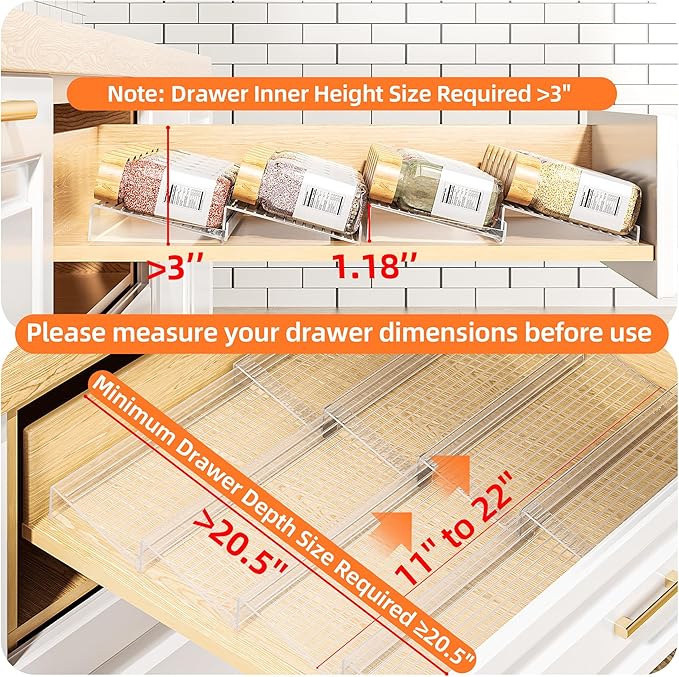MUDEELA Clear Spice Drawer Organizer, 4 Tier (4 Packs) Spice Rack for Drawer, Expandable From 11" to 22" Kitchen Seasoning Organizers and Storage for Drawer (Jars not included)