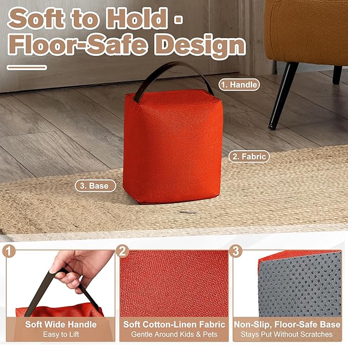 Decorative Weighted Door Stopper 5.5 lb – Heavy Non-Slip Door Weight with Handle, Soft Fabric Door Stop for Kids, Pets, Includes 2 Door Draft Stoppers for Indoor Home & Office, Warm Pumpkin