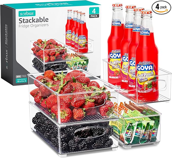 Sorbus Stackable Refrigerator Organizer Bins - Set of 4 Clear Storage Bins for Kitchen Pantry, Freezer & Fridge Organization - Food Organizing Plastic Containers with Handles for Countertops & Drawers