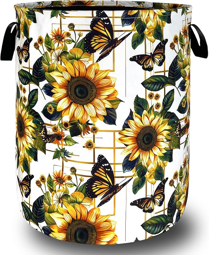Yellow Sunflower Butterfly Laundry Basket Flowers Foldable Funny Laundry Hamper Oxford Cloth Colorful Tote Bag Clothe Toy Storage Bucket 18.9" x 16.5"For Bathroom/Laundry Storage/Bedroom
